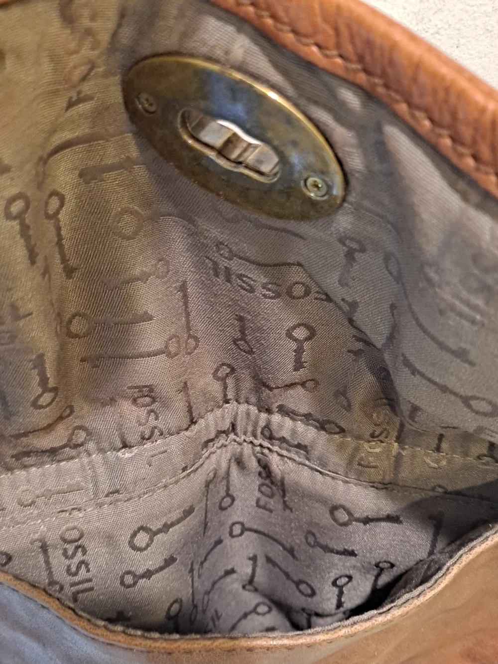 Fossil Cognac Brown Cowhide Lambhide Leather Satchel Front Buckle Flap Brass
